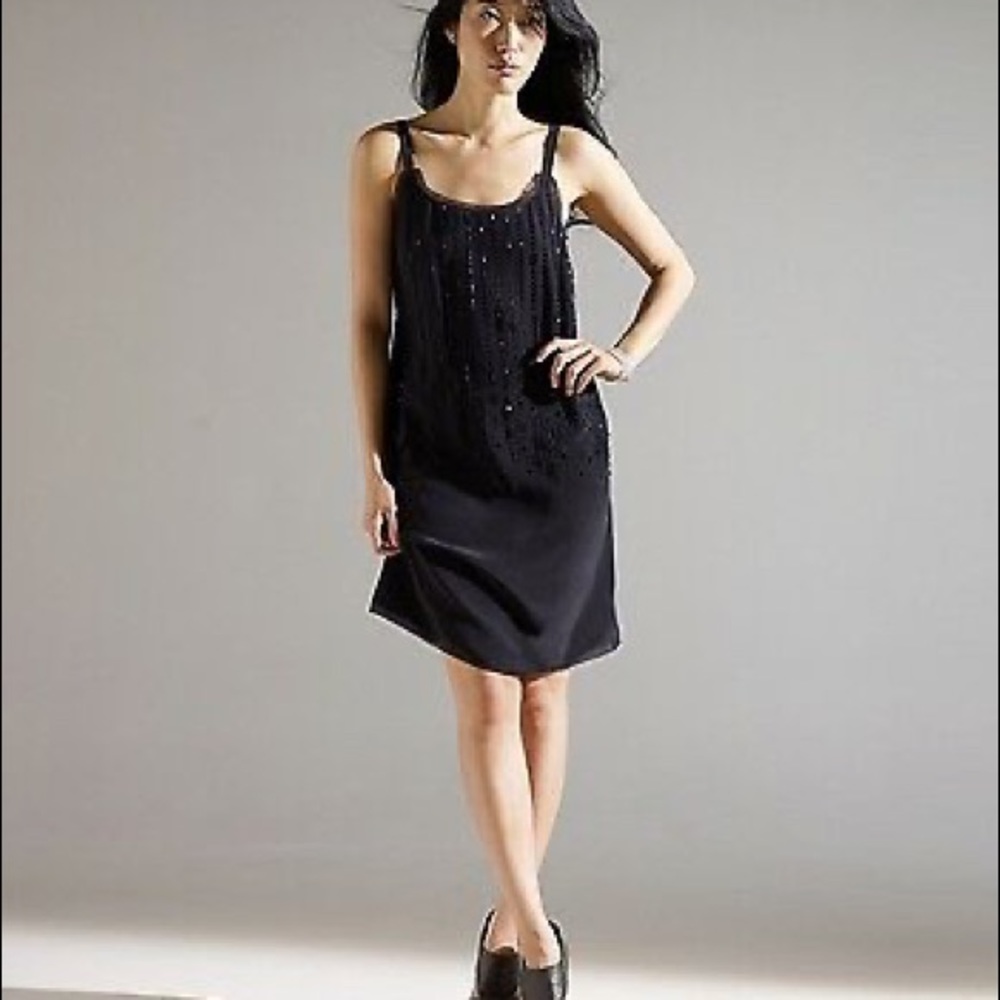 NWT Eileen Fisher Beaded Silk Crepe De Chine Knee Length Cami Dress Black